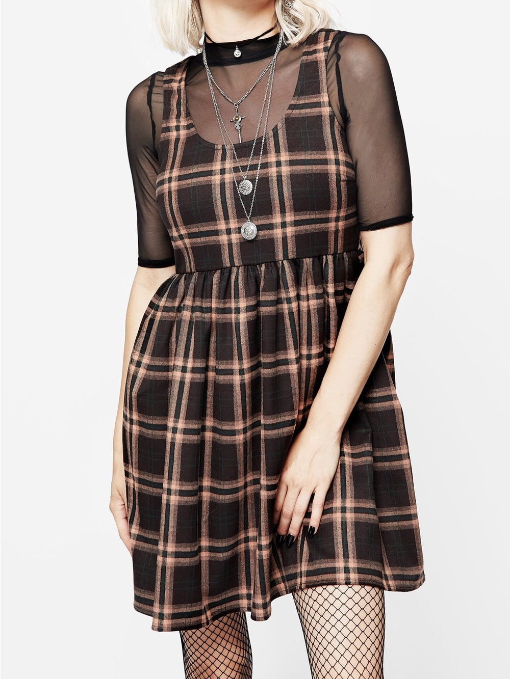 Disturbia Black & Brown Plaid Sleeveless Babydoll Dress